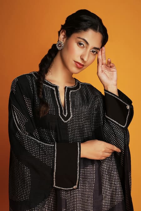 Krishna Mehta Black Tussar Zari Open Neck Hand Block Print Tunic With Pant Online at Aza Fashions Krishna Mehta_Black Tussar Zari Open Neck Hand Block Print Tunic With Pant _Online_at_Aza_Fashions