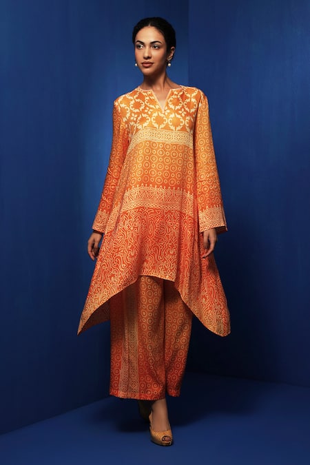 Krishna Mehta Orange Modal Block Print Geometric Notched Ombre Tunic With Pant 