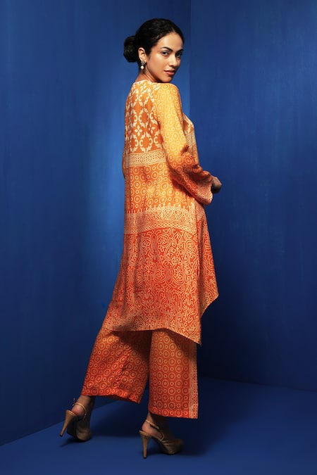Shop Krishna Mehta Orange Modal Open Neck Ombre Block Print Tunic With Pant at Aza Fashions Shop_Krishna Mehta_Orange Modal Open Neck Ombre Block Print Tunic With Pant _at_Aza_Fashions