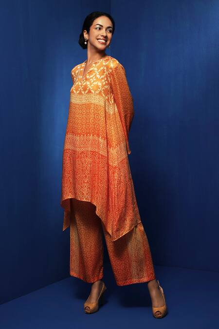 Krishna Mehta Orange Modal Open Neck Ombre Block Print Tunic With Pant Online at Aza Fashions Krishna Mehta_Orange Modal Open Neck Ombre Block Print Tunic With Pant _Online_at_Aza_Fashions