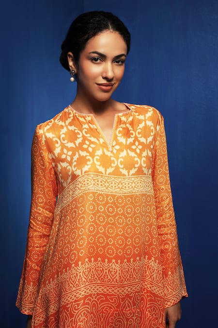 Buy Krishna Mehta Orange Modal Open Neck Ombre Block Print Tunic With Pant Online at Aza Fashions Buy_Krishna Mehta_Orange Modal Open Neck Ombre Block Print Tunic With Pant _Online_at_Aza_Fashions