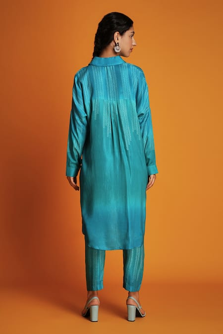 Krishna Mehta Blue Modal Embroidery Collared Ombre Block Print Straight Kurta With Pant Online at Aza Fashions Krishna Mehta_Blue Modal Embroidery Collared Ombre Block Print Straight Kurta With Pant _Online_at_Aza_Fashions