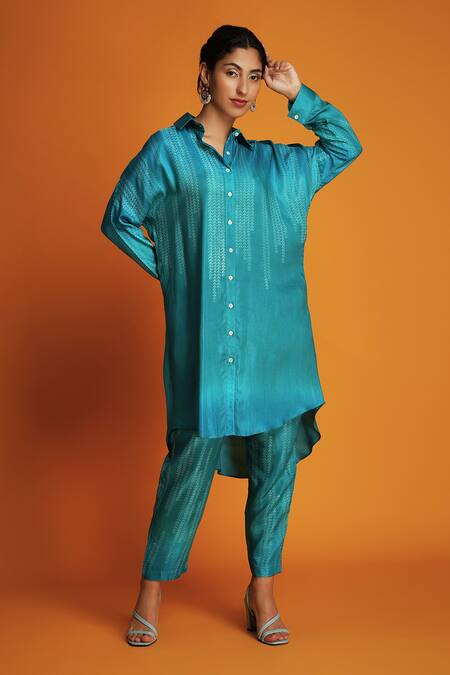 Buy Krishna Mehta Blue Modal Embroidery Collared Ombre Block Print Straight Kurta With Pant Online at Aza Fashions Buy_Krishna Mehta_Blue Modal Embroidery Collared Ombre Block Print Straight Kurta With Pant _Online_at_Aza_Fashions