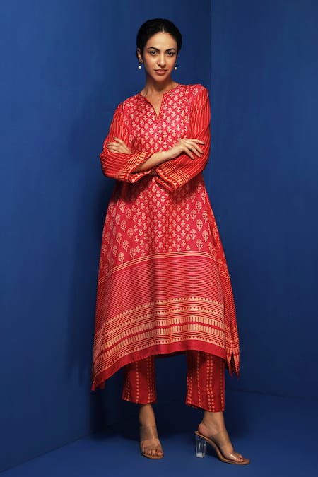 Krishna Mehta_Red Modal Embroidery Split V-neck Block Print Asymmetric Tunic With Pant _Online_at_Aza_Fashions