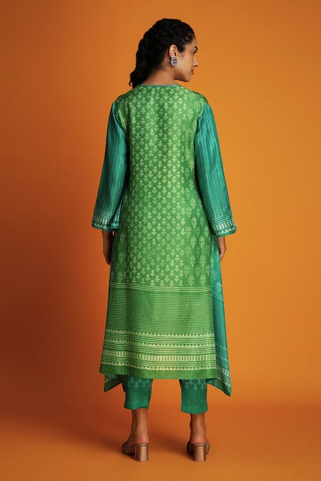 Krishna Mehta Two Tone Ombre Block Print Tunic With Pant 