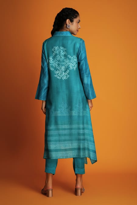 Krishna Mehta Blue Modal Embroidery Collared Block Print Tunic With Pant Online at Aza Fashions Krishna Mehta_Blue Modal Embroidery Collared Block Print Tunic With Pant _Online_at_Aza_Fashions