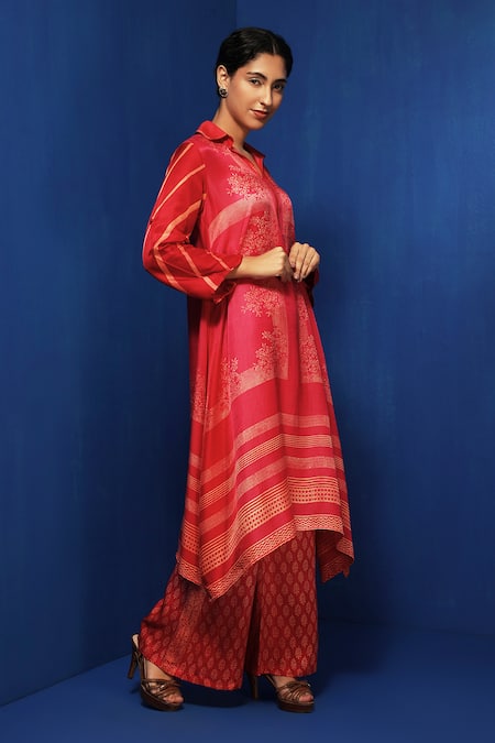 Krishna Mehta_Fuchsia Modal Embroidery Collared Flower Block Print Tunic With Pant _Online_at_Aza_Fashions