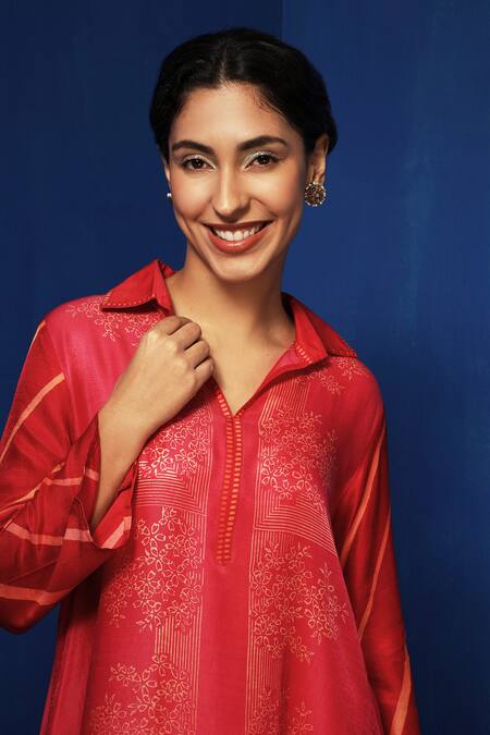 Buy_Krishna Mehta_Fuchsia Modal Embroidery Collared Flower Block Print Tunic With Pant _Online_at_Aza_Fashions