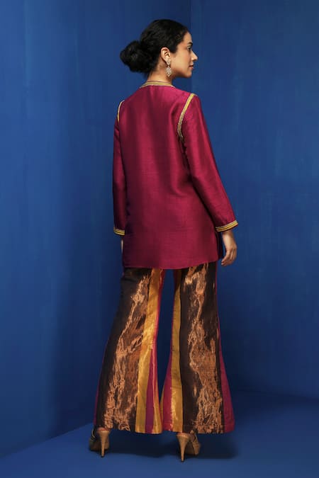 Krishna Mehta Magenta Tussar Placement Hand Embroidery Zardozi High Round Neck Placket Tunic Online at Aza Fashions Krishna Mehta_Magenta Tussar Placement Hand Embroidery Zardozi High Round Neck Placket Tunic _Online_at_Aza_Fashions