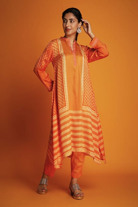 Krishna Mehta Orange Modal Hand Block Print Geometric Ombre Kurta And Pant Set 