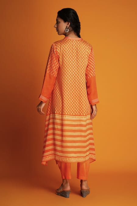Krishna Mehta Orange Modal Embroidery Mandarin Collar Ombre Printed Kurta And Pant Set Online at Aza Fashions Krishna Mehta_Orange Modal Embroidery Mandarin Collar Ombre Printed Kurta And Pant Set _Online_at_Aza_Fashions