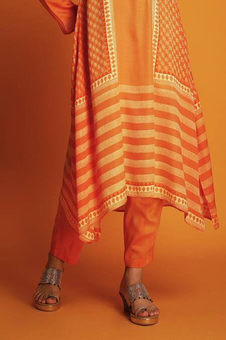 Buy Krishna Mehta Orange Modal Embroidery Mandarin Collar Ombre Printed Kurta And Pant Set Online at Aza Fashions Buy_Krishna Mehta_Orange Modal Embroidery Mandarin Collar Ombre Printed Kurta And Pant Set _Online_at_Aza_Fashions