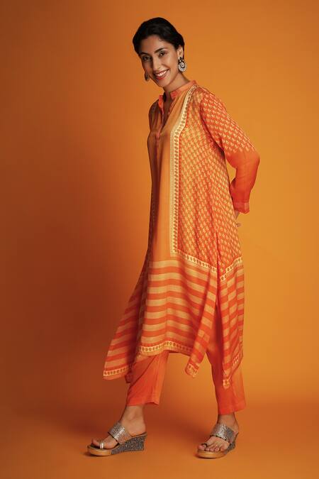 Shop Krishna Mehta Orange Modal Embroidery Mandarin Collar Ombre Printed Kurta And Pant Set Online at Aza Fashions Shop_Krishna Mehta_Orange Modal Embroidery Mandarin Collar Ombre Printed Kurta And Pant Set _Online_at_Aza_Fashions