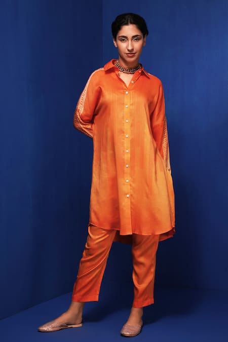 Krishna Mehta Orange Modal Hand Block Print Geometric Ombre Shirt Tunic And Pant Set 