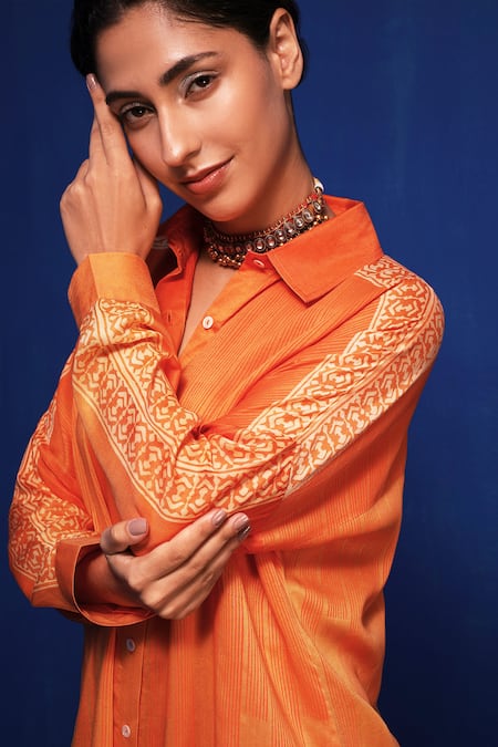 Buy Krishna Mehta Orange Modal Embroidery Collared Ombre Printed Shirt Tunic And Pant Set Online at Aza Fashions Buy_Krishna Mehta_Orange Modal Embroidery Collared Ombre Printed Shirt Tunic And Pant Set _Online_at_Aza_Fashions