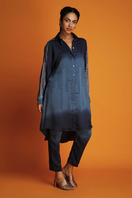 Krishna Mehta Blue Modal Hand Block Print Ombre Sleeve Shirt Tunic And Pant Set 
