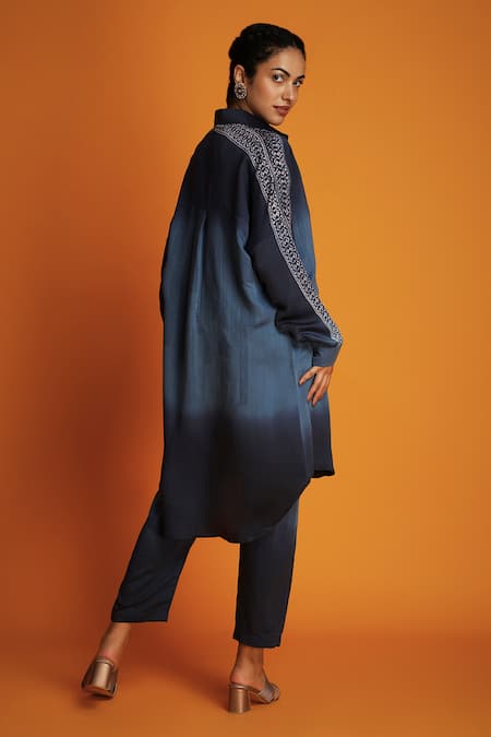 Krishna Mehta Blue Modal Embroidery Collared Ombre Sleeve Printed Shirt Tunic And Pant Set Online at Aza Fashions Krishna Mehta_Blue Modal Embroidery Collared Ombre Sleeve Printed Shirt Tunic And Pant Set _Online_at_Aza_Fashions