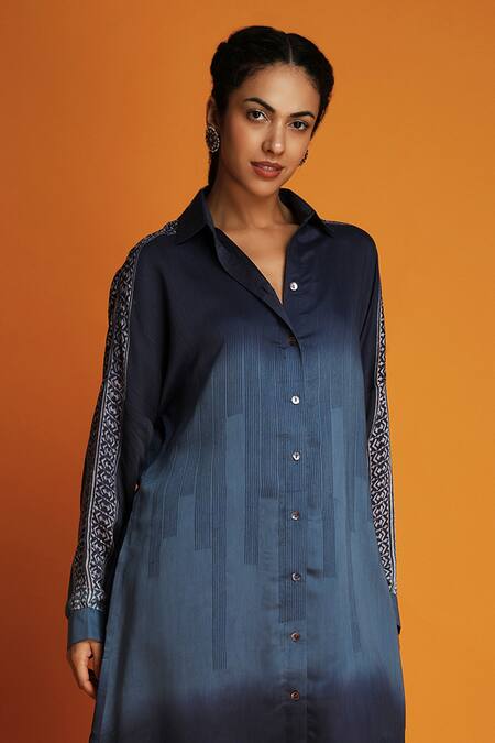 Buy Krishna Mehta Blue Modal Embroidery Collared Ombre Sleeve Printed Shirt Tunic And Pant Set Online at Aza Fashions Buy_Krishna Mehta_Blue Modal Embroidery Collared Ombre Sleeve Printed Shirt Tunic And Pant Set _Online_at_Aza_Fashions