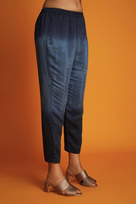 Shop Krishna Mehta Blue Modal Embroidery Collared Ombre Sleeve Printed Shirt Tunic And Pant Set Online at Aza Fashions Shop_Krishna Mehta_Blue Modal Embroidery Collared Ombre Sleeve Printed Shirt Tunic And Pant Set _Online_at_Aza_Fashions