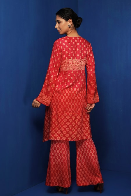 Krishna Mehta Red Modal Embroidery Mandarin Ombre Block Printed Kurta And Bell Bottom Pant Set Online at Aza Fashions Krishna Mehta_Red Modal Embroidery Mandarin Ombre Block Printed Kurta And Bell Bottom Pant Set _Online_at_Aza_Fashions