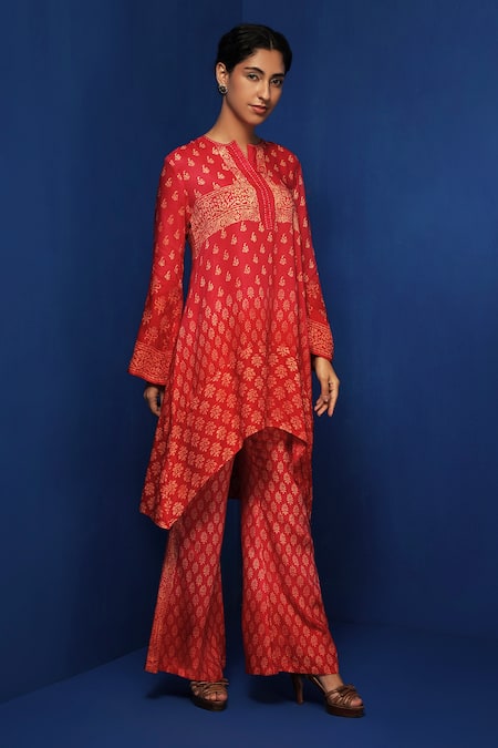 Buy Krishna Mehta Red Modal Embroidery Mandarin Ombre Block Printed Kurta And Bell Bottom Pant Set Online at Aza Fashions Buy_Krishna Mehta_Red Modal Embroidery Mandarin Ombre Block Printed Kurta And Bell Bottom Pant Set _Online_at_Aza_Fashions