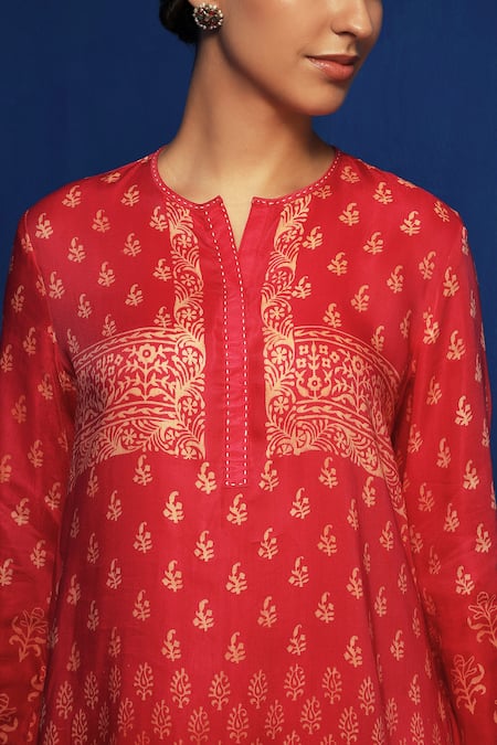 Shop Krishna Mehta Red Modal Embroidery Mandarin Ombre Block Printed Kurta And Bell Bottom Pant Set Online at Aza Fashions Shop_Krishna Mehta_Red Modal Embroidery Mandarin Ombre Block Printed Kurta And Bell Bottom Pant Set _Online_at_Aza_Fashions