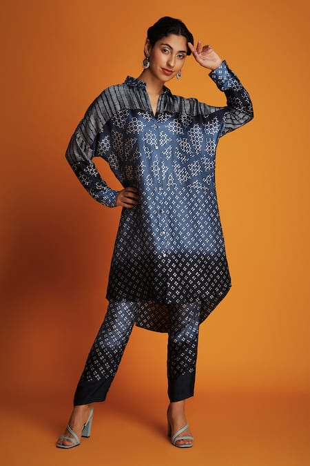 Krishna Mehta Blue Modal Hand Block Print Geometric Ombre Shirt Tunic And Pant Set 