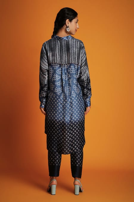 Krishna Mehta Blue Modal Mandarin Collar Ombre Geometric Print Shirt Tunic And Pant Set Online at Aza Fashions Krishna Mehta_Blue Modal Mandarin Collar Ombre Geometric Print Shirt Tunic And Pant Set _Online_at_Aza_Fashions