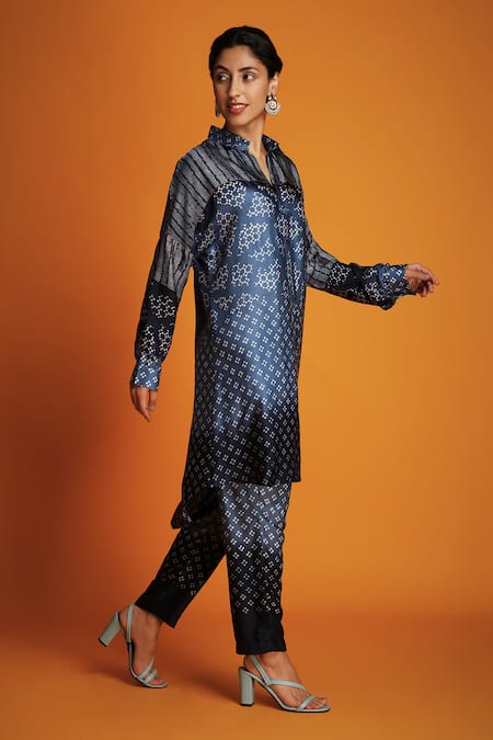 Buy Krishna Mehta Blue Modal Mandarin Collar Ombre Geometric Print Shirt Tunic And Pant Set Online at Aza Fashions Buy_Krishna Mehta_Blue Modal Mandarin Collar Ombre Geometric Print Shirt Tunic And Pant Set _Online_at_Aza_Fashions