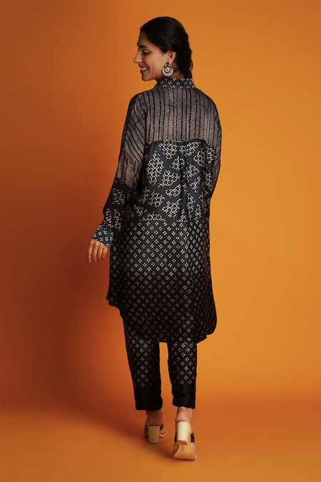 Krishna Mehta Black Modal Mandarin Collar Geometric Hand Block Print Shirt Tunic And Pant Set Online at Aza Fashions Krishna Mehta_Black Modal Mandarin Collar Geometric Hand Block Print Shirt Tunic And Pant Set _Online_at_Aza_Fashions