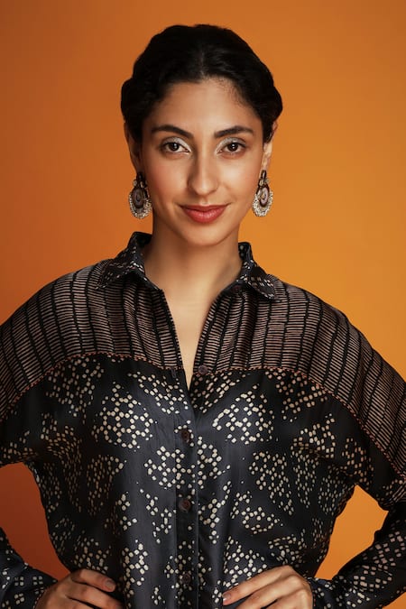 Buy Krishna Mehta Black Modal Mandarin Collar Geometric Hand Block Print Shirt Tunic And Pant Set Online at Aza Fashions Buy_Krishna Mehta_Black Modal Mandarin Collar Geometric Hand Block Print Shirt Tunic And Pant Set _Online_at_Aza_Fashions