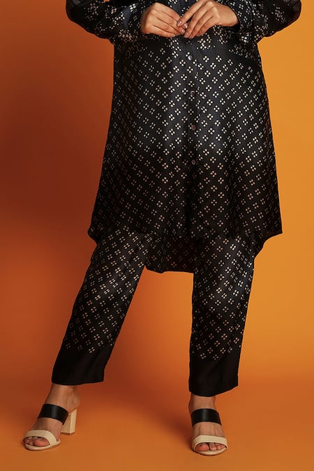 Shop Krishna Mehta Black Modal Mandarin Collar Geometric Hand Block Print Shirt Tunic And Pant Set Online at Aza Fashions Shop_Krishna Mehta_Black Modal Mandarin Collar Geometric Hand Block Print Shirt Tunic And Pant Set _Online_at_Aza_Fashions