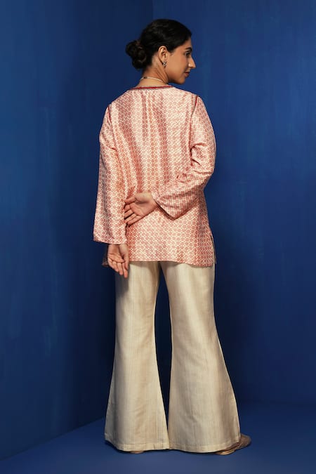 Krishna Mehta Pink Tussar Hand Block Print Geometric Round Kurta Online at Aza Fashions Krishna Mehta_Pink Tussar Hand Block Print Geometric Round Kurta _Online_at_Aza_Fashions