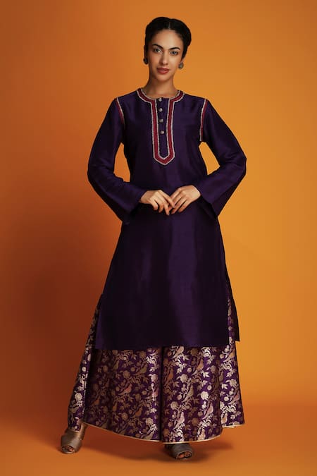 Krishna Mehta Purple Tussar Embroidery Zardozi Notched Tunic 
