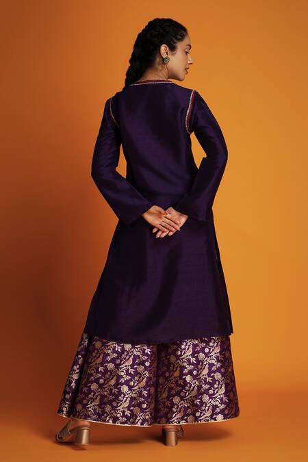 Krishna Mehta_Purple Tussar Embroidery Zardozi Notched Tunic _Online_at_Aza_Fashions
