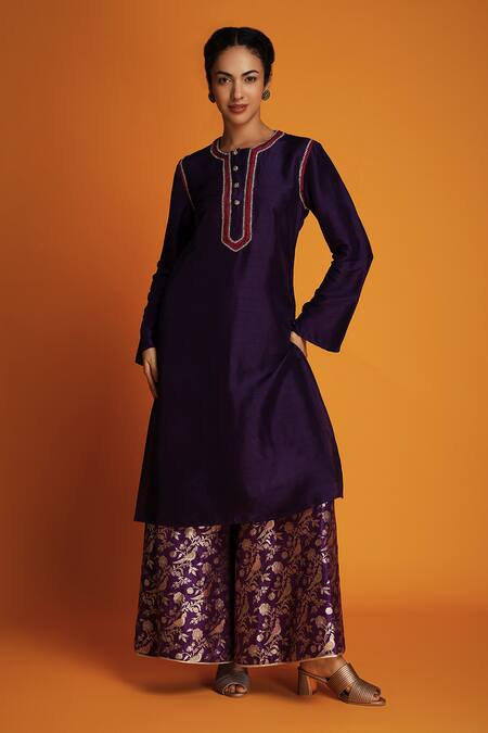 Buy_Krishna Mehta_Purple Tussar Embroidery Zardozi Notched Tunic _Online_at_Aza_Fashions