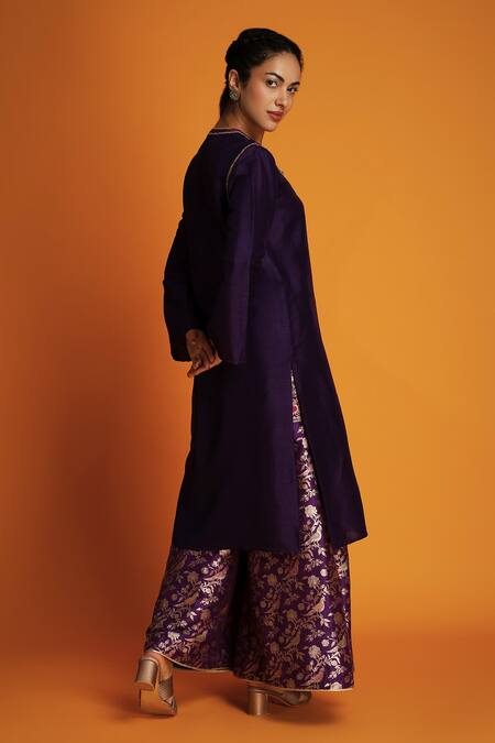 Shop_Krishna Mehta_Purple Tussar Embroidery Zardozi Notched Tunic _Online_at_Aza_Fashions