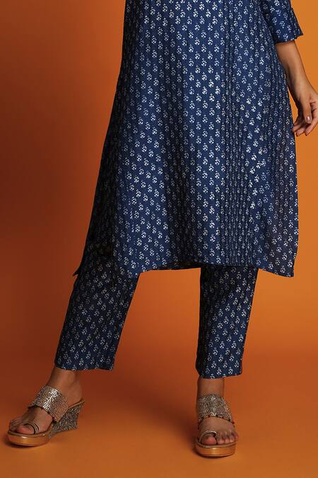 Buy Krishna Mehta Blue Tussar Zari Split V-neck Botanical Hand Block Print Kurta And Pant Set Online at Aza Fashions Buy_Krishna Mehta_Blue Tussar Zari Split V-neck Botanical Hand Block Print Kurta And Pant Set _Online_at_Aza_Fashions
