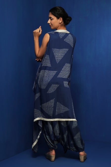 Krishna Mehta Blue Chanderi Embroidery, Zari V-neck Printed Draped Cape Pant Set Online at Aza Fashions Krishna Mehta_Blue Chanderi Embroidery, Zari V-neck Printed Draped Cape Pant Set _Online_at_Aza_Fashions