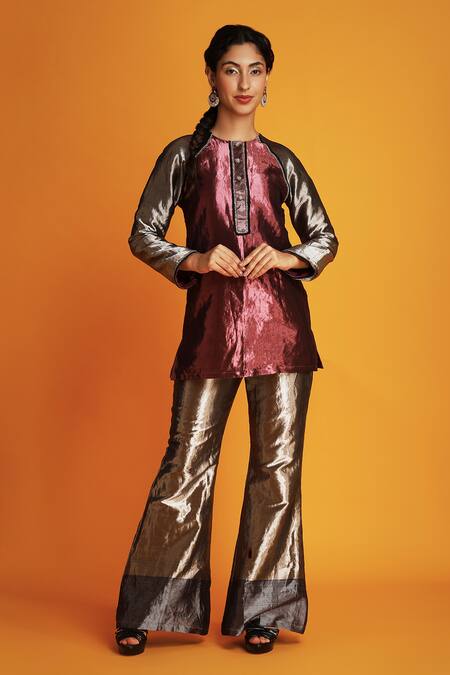 Krishna Mehta_Silver Tissue Silk Woven Stripe Bell Bottom Pant_Online_at_Aza_Fashions