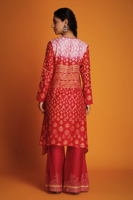 Krishna Mehta Red Modal Embroidery Keyhole Hand Block Printed Kurta And Bell Bottom Pant Set Online at Aza Fashions Krishna Mehta_Red Modal Embroidery Keyhole Hand Block Printed Kurta And Bell Bottom Pant Set _Online_at_Aza_Fashions