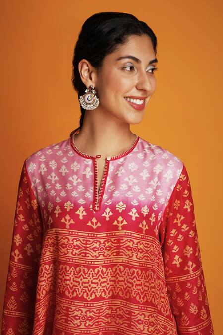 Buy Krishna Mehta Red Modal Embroidery Keyhole Hand Block Printed Kurta And Bell Bottom Pant Set Online at Aza Fashions Buy_Krishna Mehta_Red Modal Embroidery Keyhole Hand Block Printed Kurta And Bell Bottom Pant Set _Online_at_Aza_Fashions