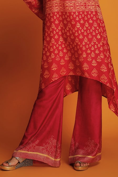 Shop Krishna Mehta Red Modal Embroidery Keyhole Hand Block Printed Kurta And Bell Bottom Pant Set Online at Aza Fashions Shop_Krishna Mehta_Red Modal Embroidery Keyhole Hand Block Printed Kurta And Bell Bottom Pant Set _Online_at_Aza_Fashions