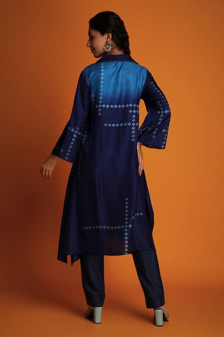 Krishna Mehta Blue Chanderi Embroidery Collared Ombre Printed Shirt Kurta And Pant Set Online at Aza Fashions Krishna Mehta_Blue Chanderi Embroidery Collared Ombre Printed Shirt Kurta And Pant Set _Online_at_Aza_Fashions