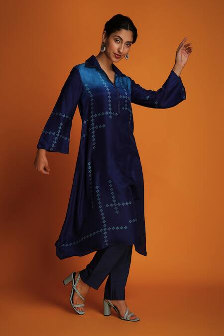 Shop Krishna Mehta Blue Chanderi Embroidery Collared Ombre Printed Shirt Kurta And Pant Set Online at Aza Fashions Shop_Krishna Mehta_Blue Chanderi Embroidery Collared Ombre Printed Shirt Kurta And Pant Set _Online_at_Aza_Fashions