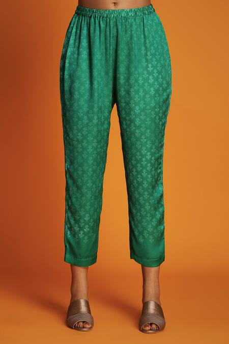 Shop_Krishna Mehta_Green Modal Embroidery Mandarin Collar Flower Hand Block Print Kurta And Pant Set _Online_at_Aza_Fashions