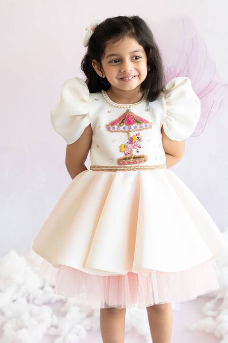 Ruchika Lath Label_White Neoprene, Crepe Crystals, Pearls, Sequins Carousel Embroidered Dress _Online_at_Aza_Fashions