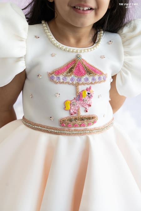 Buy_Ruchika Lath Label_White Neoprene, Crepe Crystals, Pearls, Sequins Carousel Embroidered Dress _Online_at_Aza_Fashions