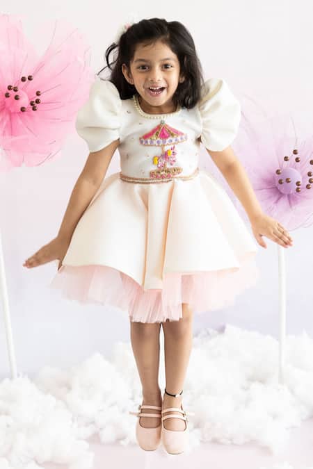 Ruchika Lath Label_White Neoprene, Crepe Crystals, Pearls, Sequins Carousel Embroidered Dress _at_Aza_Fashions