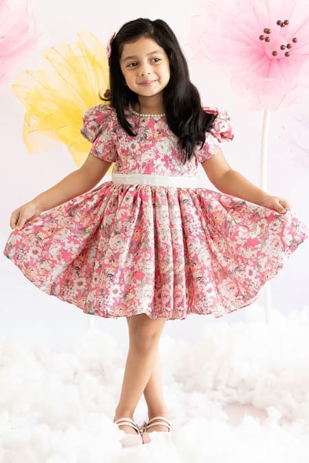 Ruchika lath label Pink Japan Satin Lining Butter Crepe Print Sequins Blossom Dress 